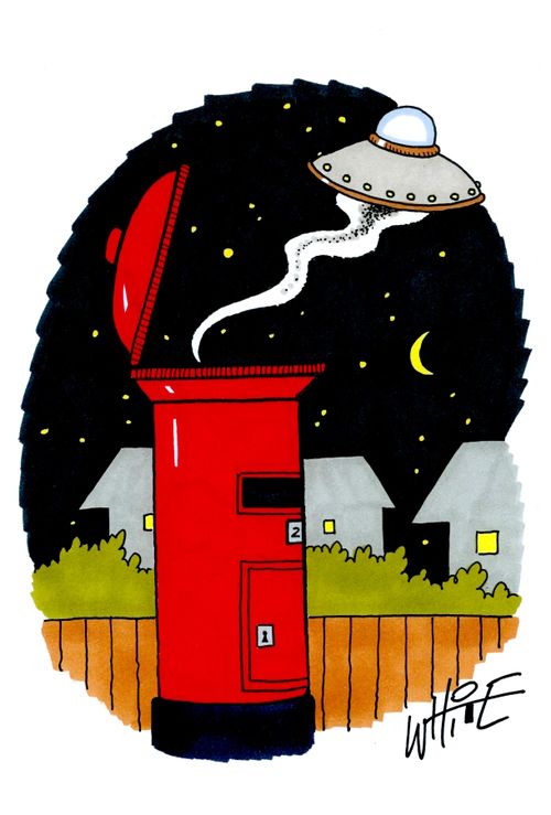 Alien flies in a spaceship out of a postbox.