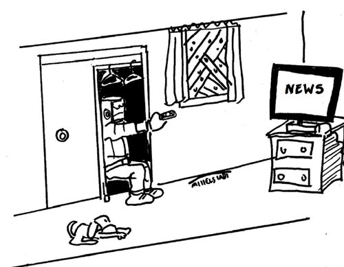 A robot hides in a closet watching the new