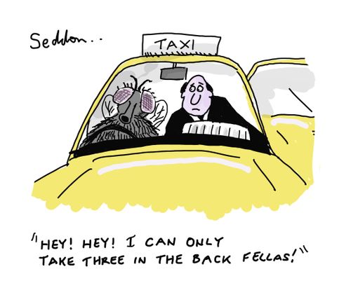 "Hey! Hey! I can only take three in the back fellas!"