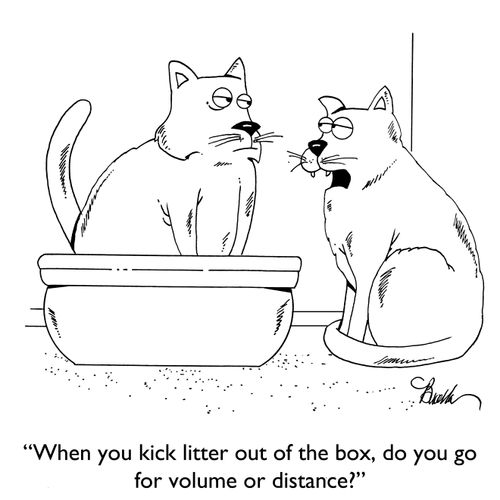 "When you kick litter out of the box, do you go for volume or distance?"