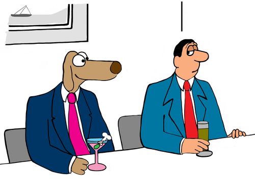 Dog businessman is smiling at the end of a long work day with his bone martini.