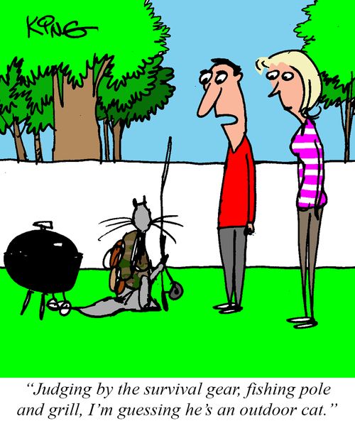 "Judging by the survival gear, fishing pole and grill, I'm guessing he's an outdoor cat."