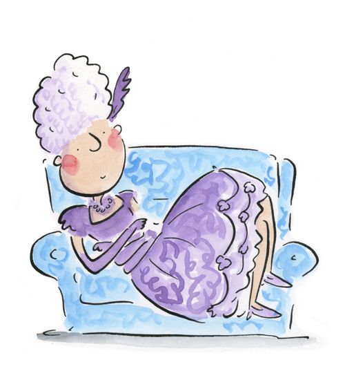 Opera singer sat on a sofa.