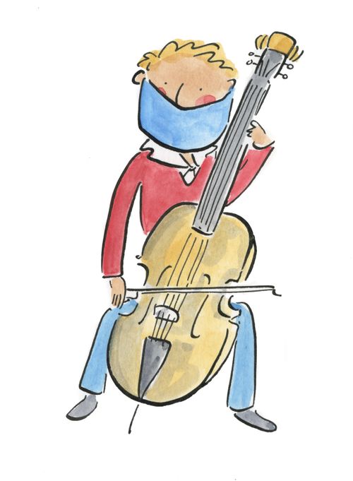 Cellist wearing face mask.
