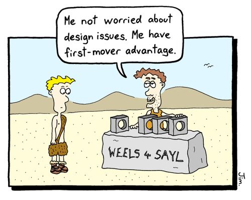 Caveman with first-mover advantage for selling wheels.