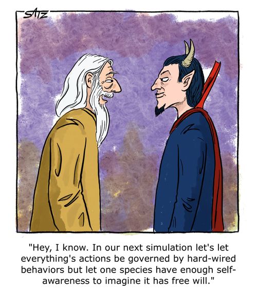 Hey, I know. In our next simulation let's let everything's actions be governed by hard-wired behaviors but let one species have enough self-awareness to imagine it has free will."