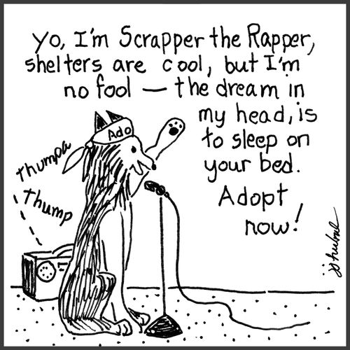 "Yo, I'm Scrapper the Rapper, shelters are cool, but I'm no fool -- the dream in my head, is to sleep on your bed. Adopt now!"
