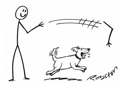 Stick man throws arm for dog
