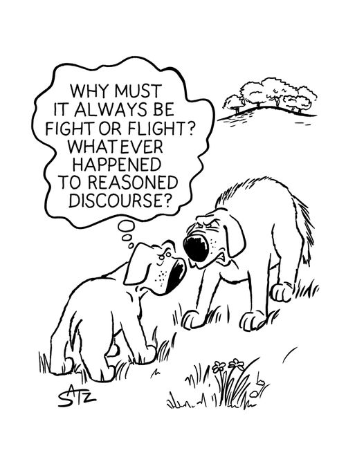 "Why must it always be fight or flight? Whatever happened to reasoned discourse?"