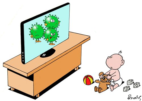 A baby watching coronaviruses on television