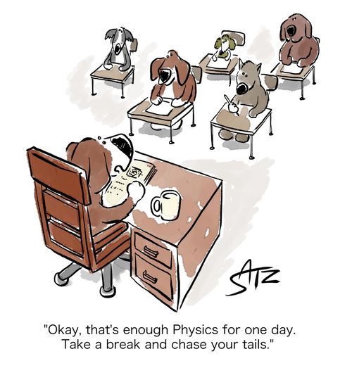 "Okay, that's enough Physics for one day. Take a break and chase your tails."