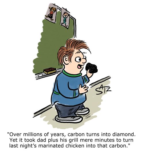 "Over millions of years, carbon turns to diamond. Yet it took dad plus his grill mere minutes to turn last night's marinated chicken into that carbon."