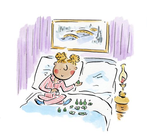 Girl collects hotel toiletries.
