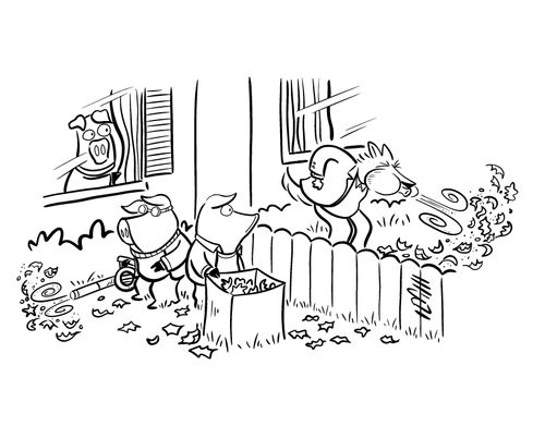 Three Pigs Watching the Wolf Next Door Blowing Leaves