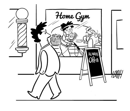 Man sees a public gym and a mother doing housework. 