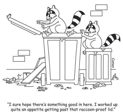 "I sure hope there's something good in here. I worked up quite an appetite getting past that raccoon-proof lid."