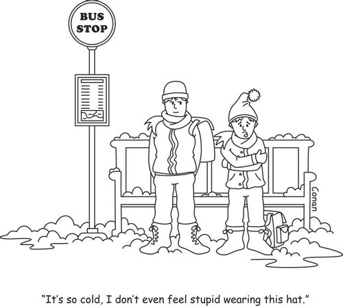 "It's so cold, I don't even feel stupid wearing this hat."