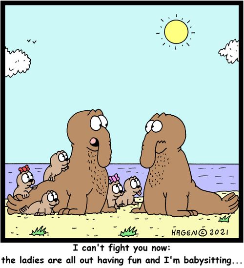 "I can't fight you now: the ladies are all out having fun and I'm babysitting..."