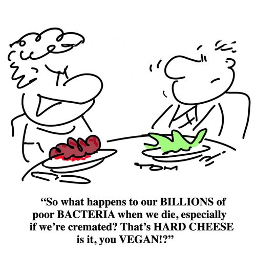 "So what happens to our BILLIONS of poor BACTERIA when we die, especially if we're cremated? That's HARD CHEESE is it, you VEGAN!?"