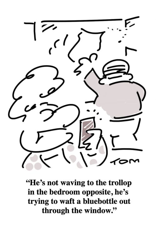 "He's not waving to the trollop in the bedroom opposite, he's trying to waft a bluebottle out through the window."