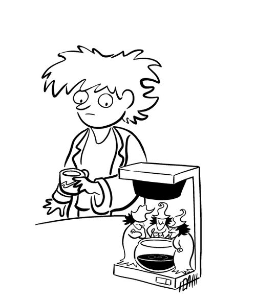 Three witches standing around a carafe in a coffee machine, waiting for it to fill