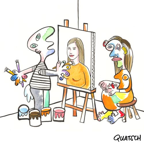 Cubist artist paints a realistic portrait of a cubist model