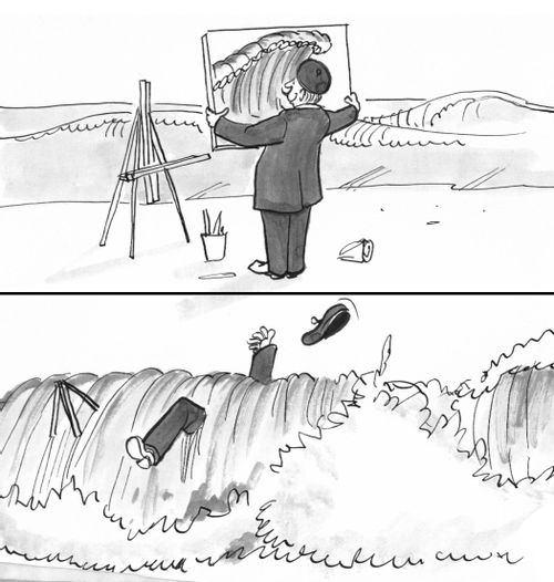 A seaside painter of tidal waves is swamped by wave.