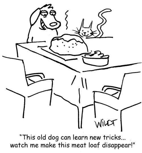 "This old dog can learn new tricks. . . Watch me make this meat loaf disappear!"