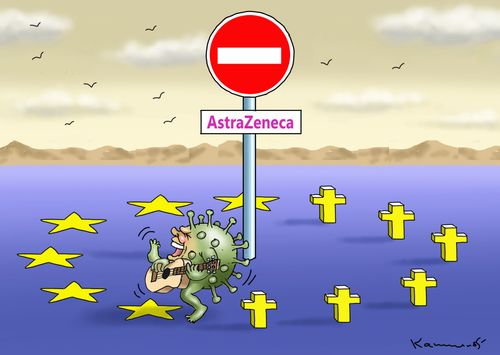 Coronavirus dancing around an EU flag