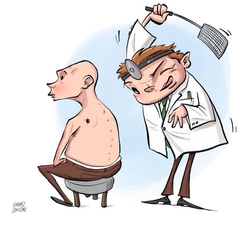 A dermatologist swats a bug on a patient's back