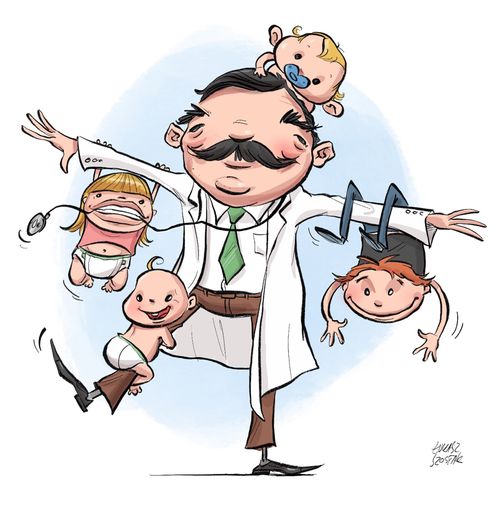 A pediatrician with children hanging off his arms