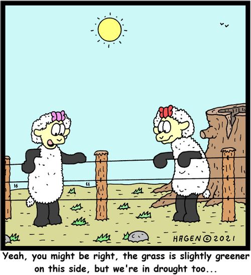 "Yeah, you might be right, the grass is slightly greener on this side, but we're in drought too..."
