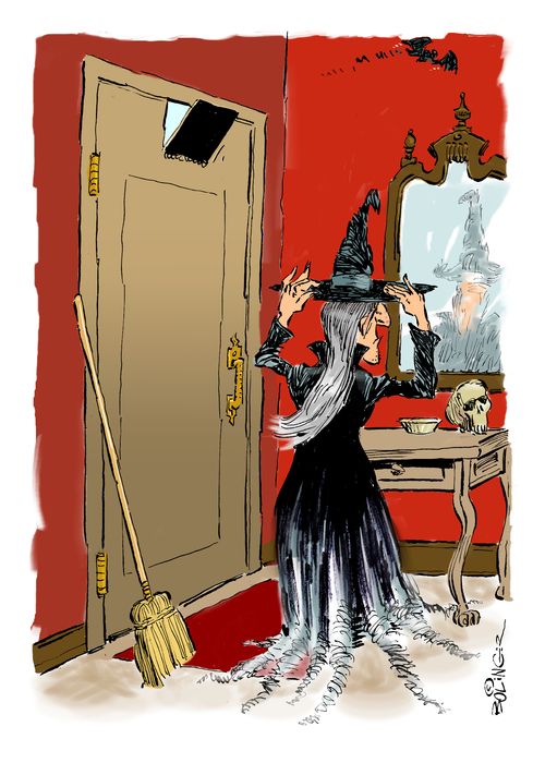 A witch gets ready to go out