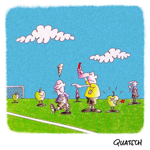 Soccer player is given a red card for biting an apple.