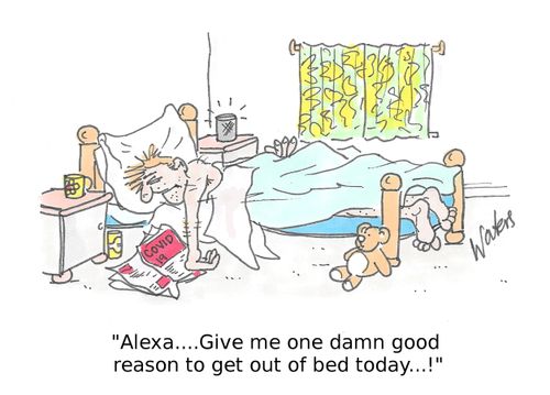"Alexa. . . Give me one damn good reason to get out of bed today. . . !"