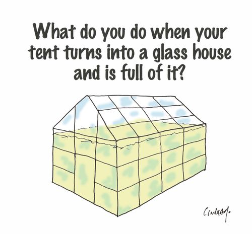 What do you do when your tent turns into a glass house and is full of it?