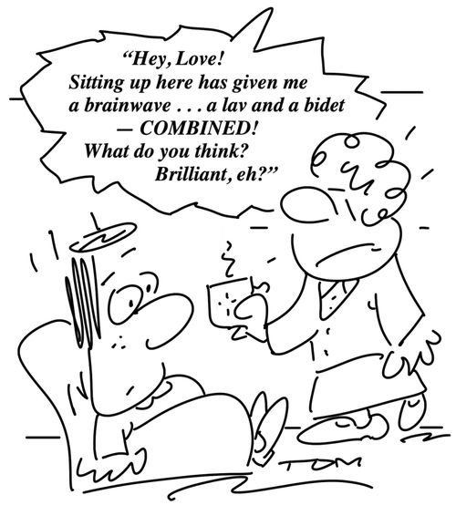"Hey, Love! Sitting up here has given me a brainwave. . . a lav and a bidet - combined! What do you think? Brilliant, eh?"