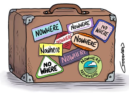 Suitcase stickers say 'Nowhere'.