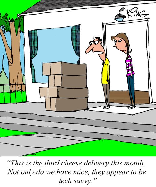 "This is the third cheese delivery this month. Not only do we have mice, they appear to be tech savvy."