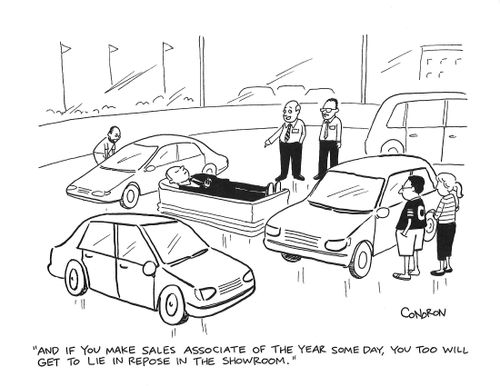 "And if you make sales associate of the year some day, you too will get to lie in repose in the showroom."