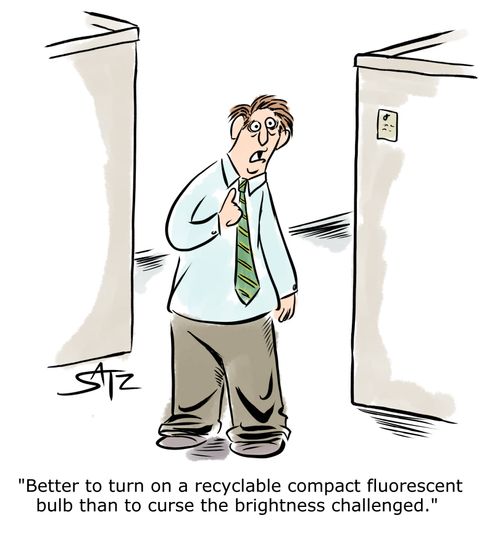 "Better to turn on a recyclable compact fluorescent bulb than to curse the brightness challenged."