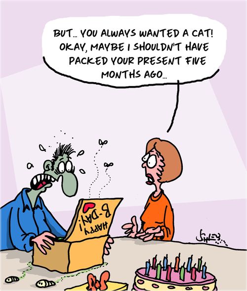 "But. . . You always wanted a cat! Okay, maybe I shouldn't have packed your present five months ago. . ."