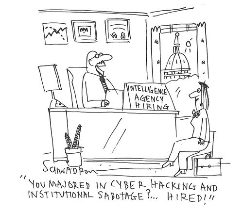 "You majored in cyber hacking and institutional sabotage?. . . Hired!"