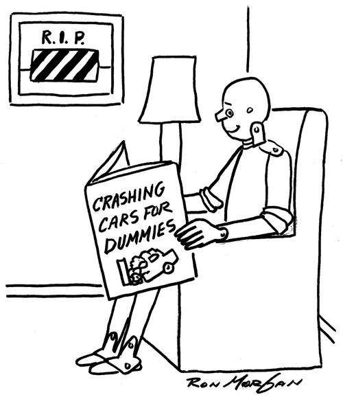 Crash Dummy reads giant book entitled: Crashing Cars for Dummies.