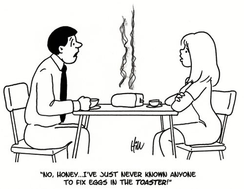 "No, honey... I've just never known anyone to fix eggs in the toaster!"