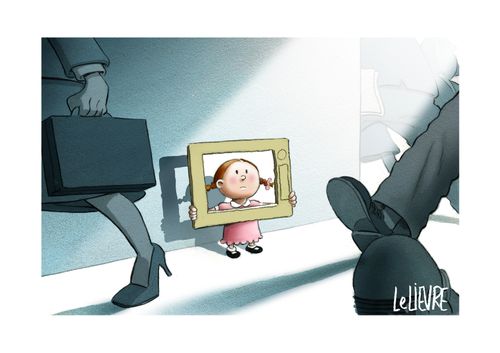A child pretending to be on tv in a busy street