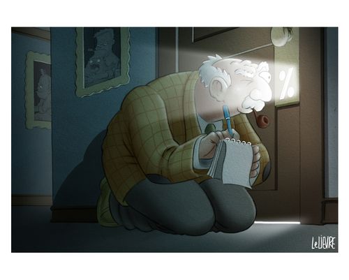 An old man peers through a keyhole shaped like a percentage sign