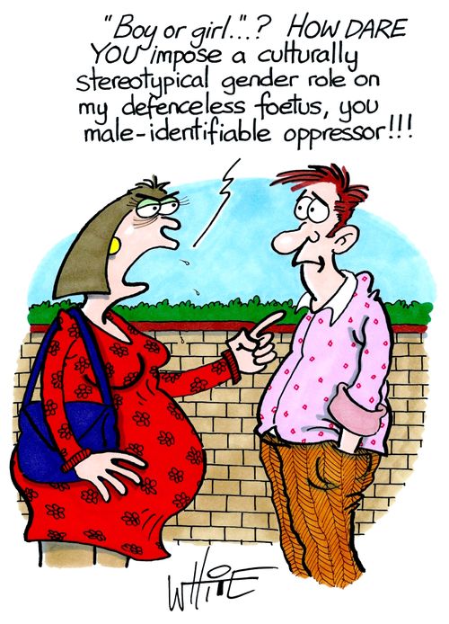 "'Boy or girl'...? How dare you impose a culturally stereotypical gender role on my defenceless foetus, you male-identifiable oppressor!!"