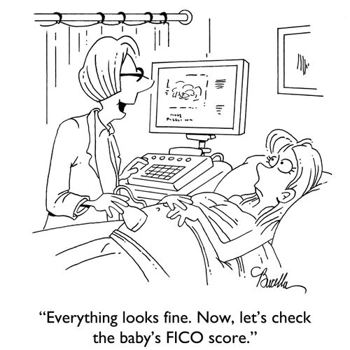 "Everything looks fine. Now, let's check the baby's FICO score."