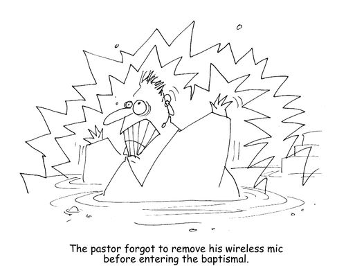 The pastor forgot to remove his wireless mic before entering the baptismal."